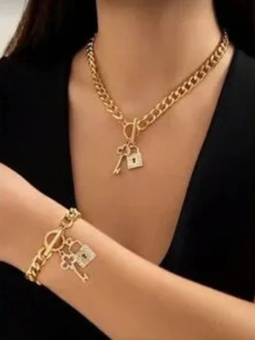 Lock Key Necklace and 2pc Bracelet Set